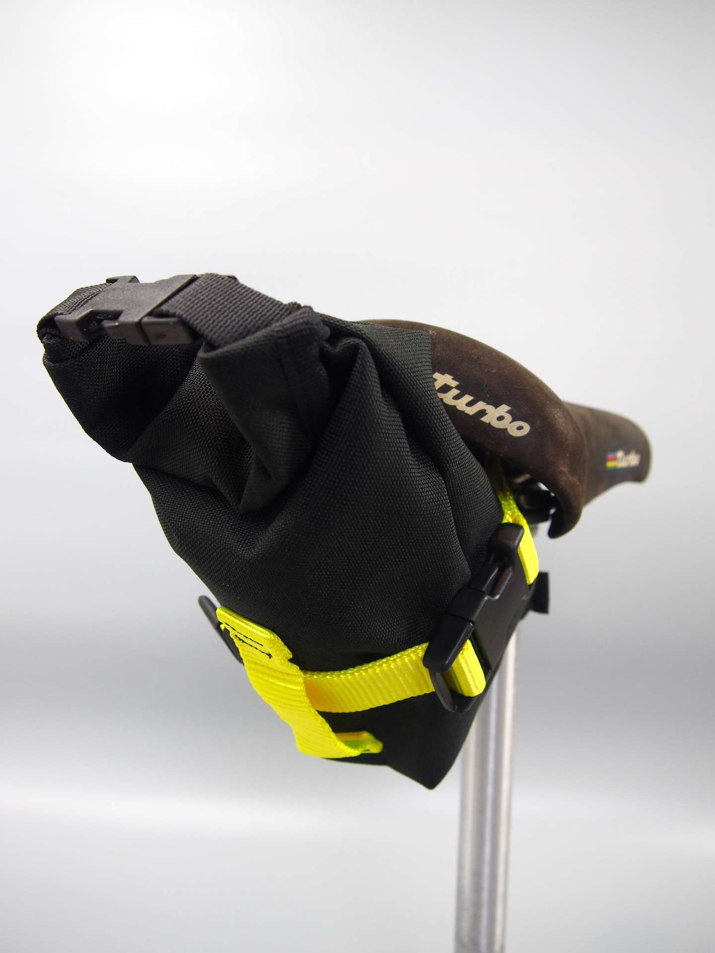 Handmade compact roll-top seat pack – Black & neon yellow